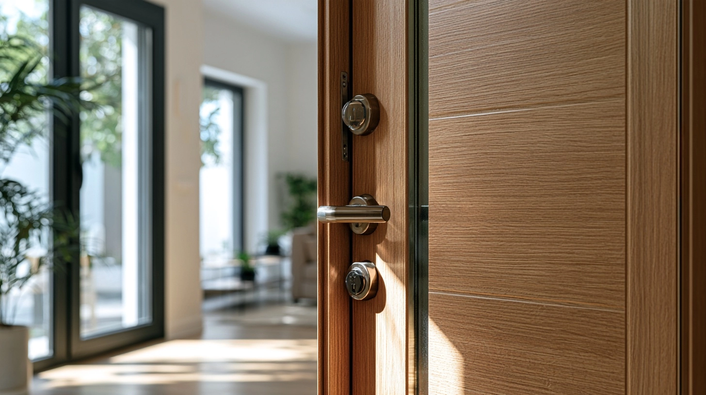 Puerta de seguridad con cerradura reforzada y detector de apertura en el interior de una vivienda