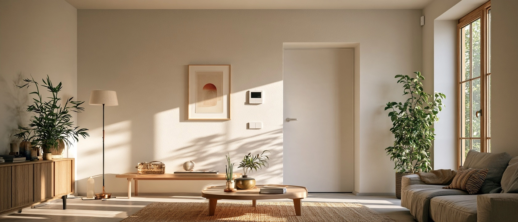 Salón de una vivienda moderna con un sistema de alarma para casa instalado junto a la entrada