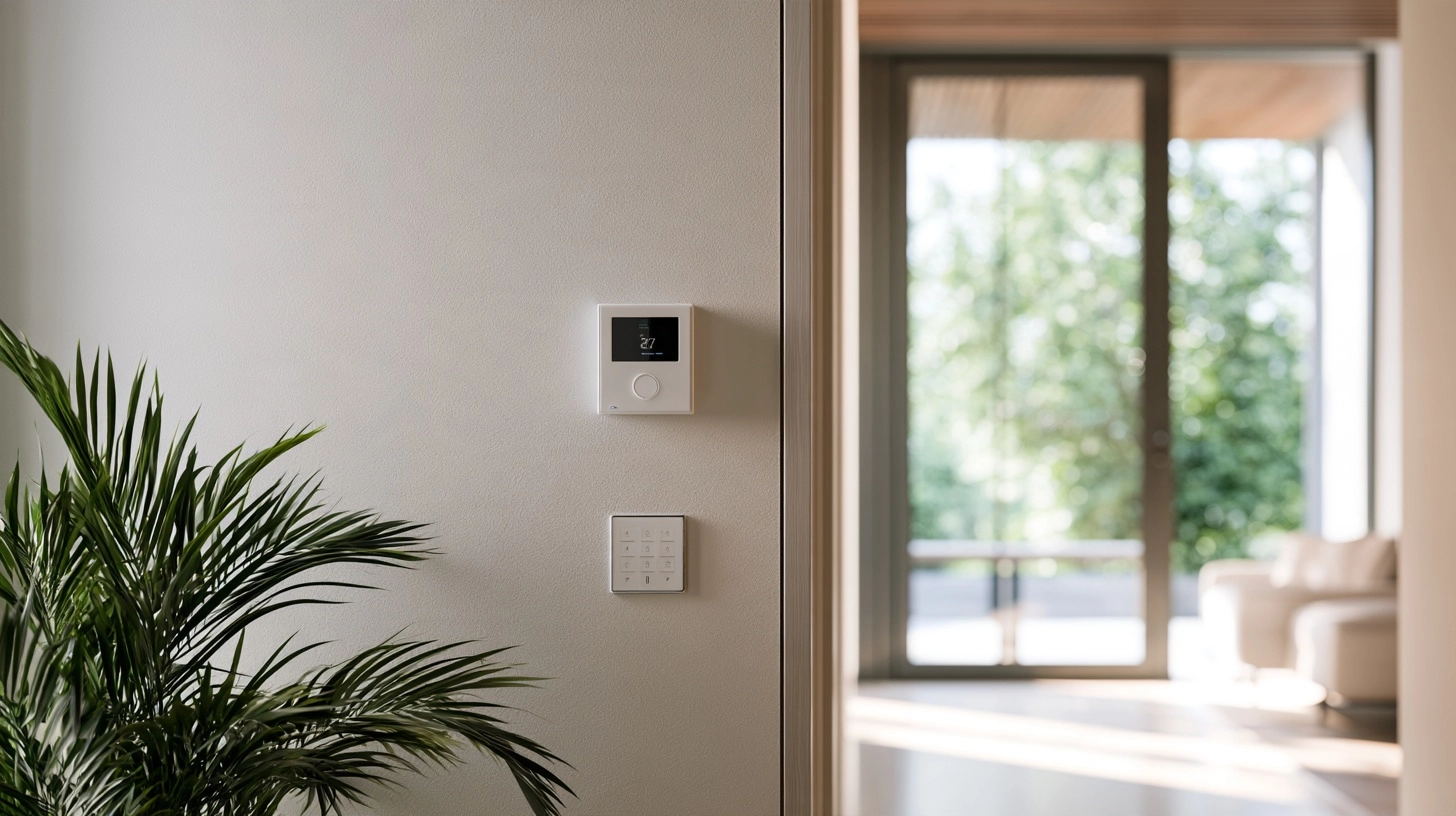 Central de alarma y teclado de control instalados en la entrada de una vivienda