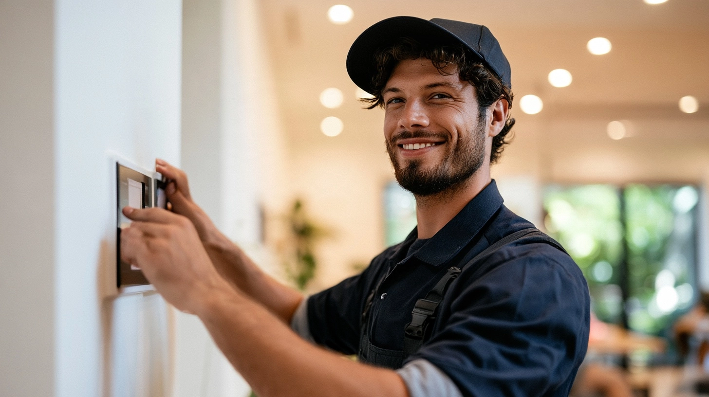 Técnico instalador revisando la central de una alarma en una vivienda durante la visita técnica